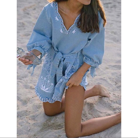 Light Blue Denim Embroidery Dress - Picture 2 of 5